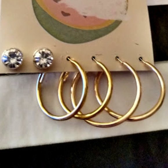 SO 3pc SET GOLD 1" + 1.25" HOOPS & SILVER/CLEAR CRYSTAL STUD EARRINGS**NEW! - Picture 2 of 4